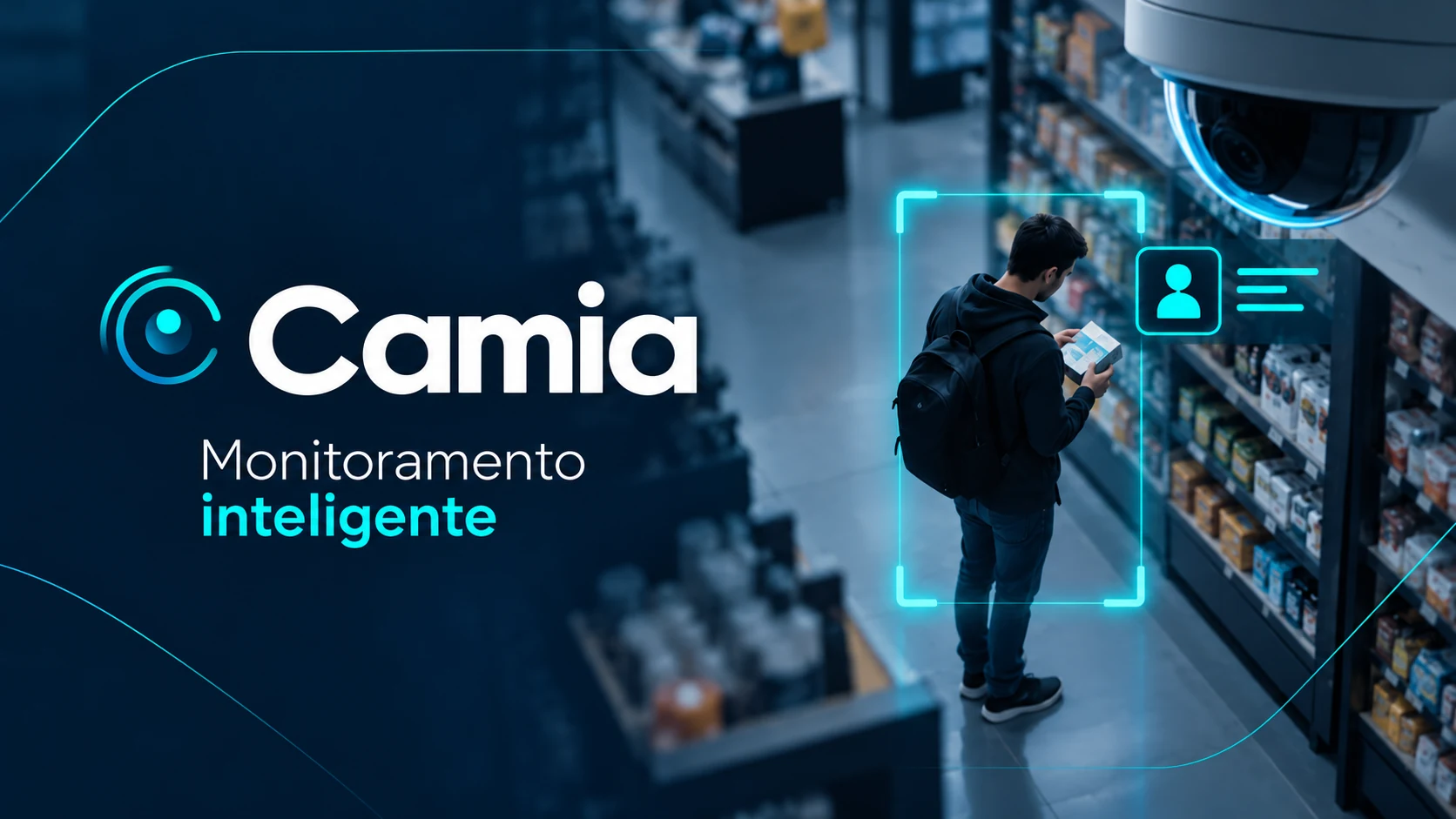 Camia — Monitoramento inteligente: câmera acompanhando a movimentação de uma pessoa em um corredor da empresa.